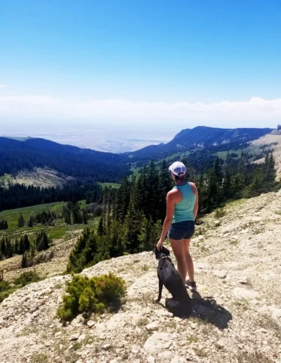 A person and a black dog stand on a rocky hillside, looking out over a vast mountain landscape with forested valleys and a clear blue sky.