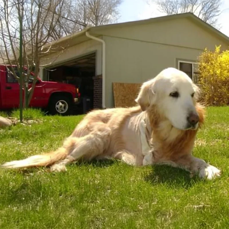 A senior Golden Retriever with a shaved patch and a bandage on its front leg rests on a green lawn, gazing into the distance, with a red truck and a garage in the background.